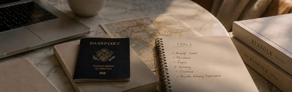 An itinerary for Italy written out by hand beside a passport and a map